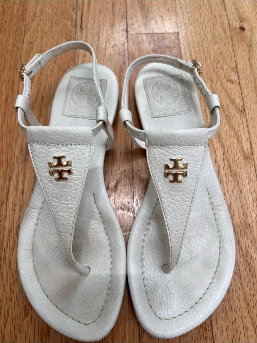 Tory Burch Britton White Leather Logo Thong Sandals with Gold Hardware